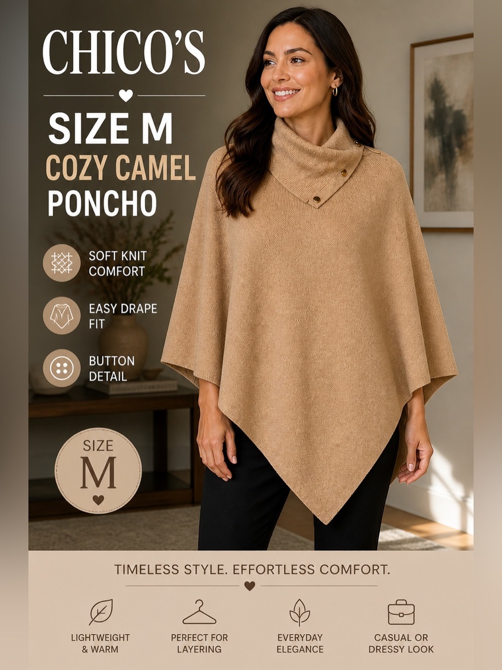 Chico's Camel Poncho with Button Detail Women’s Size Medium